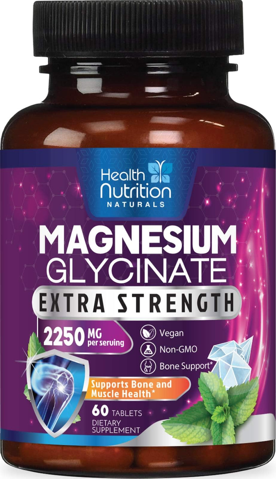 Health Nutrition Naturals Magnesium Glycinate, 250 mg, 60 Count