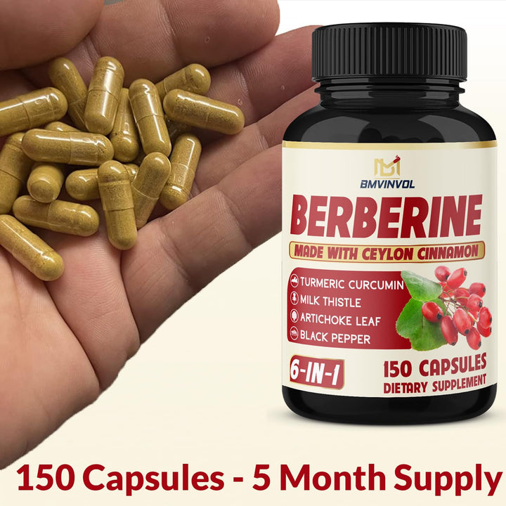BMVINVOL Berberine Supplement With Ceylon Cinnamon, Turmeric, Milk Thistle, Artichoke And Black Pepper, 150 Count