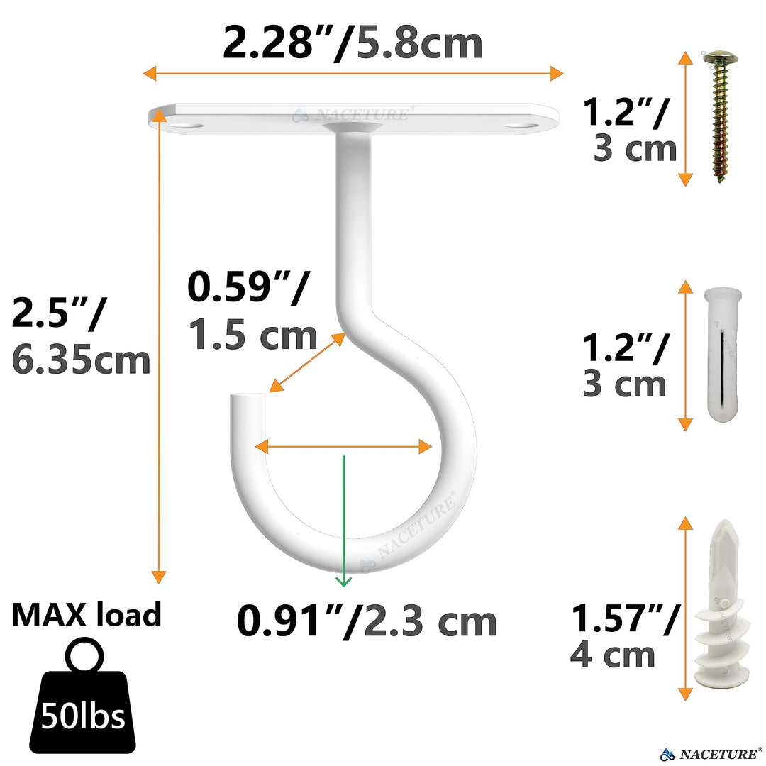 NACETURE Ceiling Hooks Heavy Duty, White, 2.5 in, 2 Count