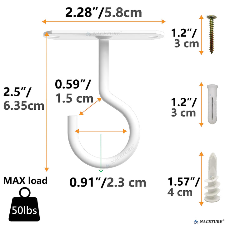 NACETURE Ceiling Hooks Heavy Duty, White, 2.5 in, 2 Count