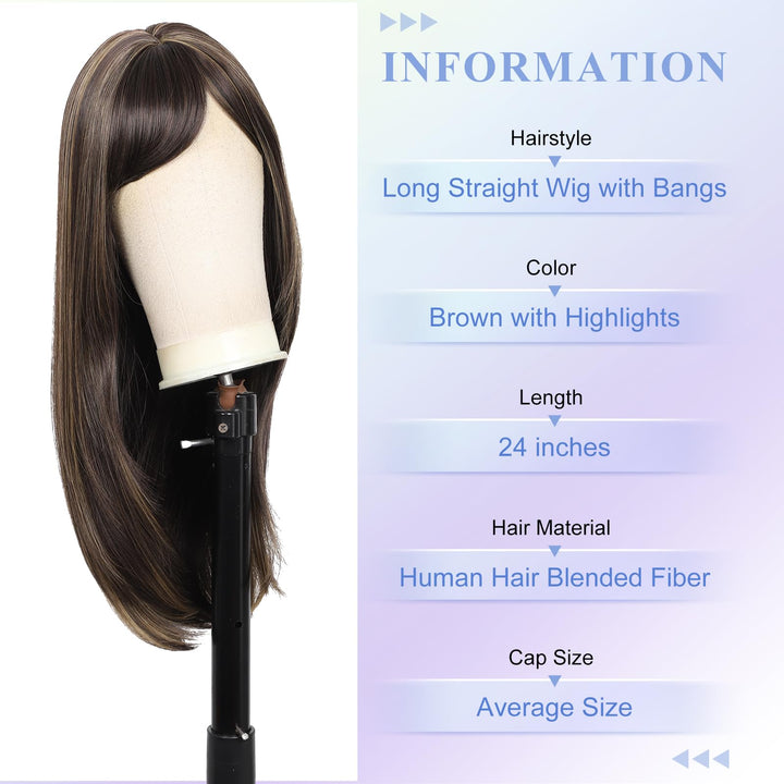 Kalyss Women's Wig Long Straight Layered with Bangs, Brown with Highlights