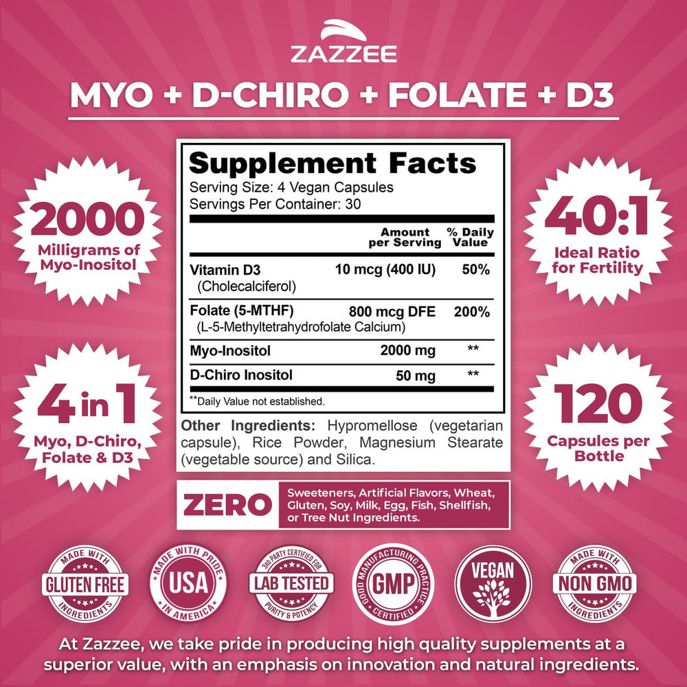 Zazzee Myo-Inositol D-Chiro Vitex Capsules, 120 Count