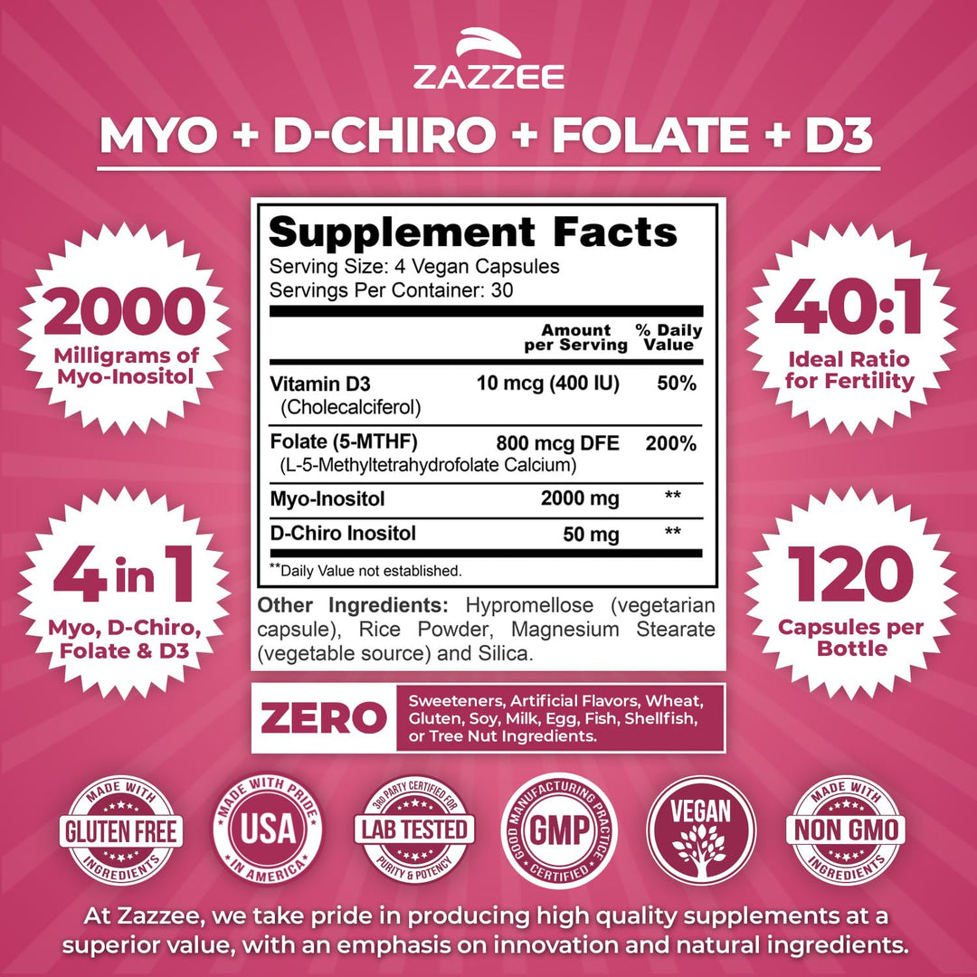 Zazzee Myo-Inositol D-Chiro Vitex Capsules, 120 Count