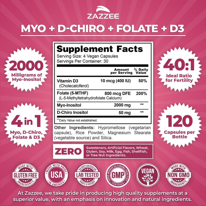 Zazzee Myo-Inositol D-Chiro Vitex Capsules, 120 Count