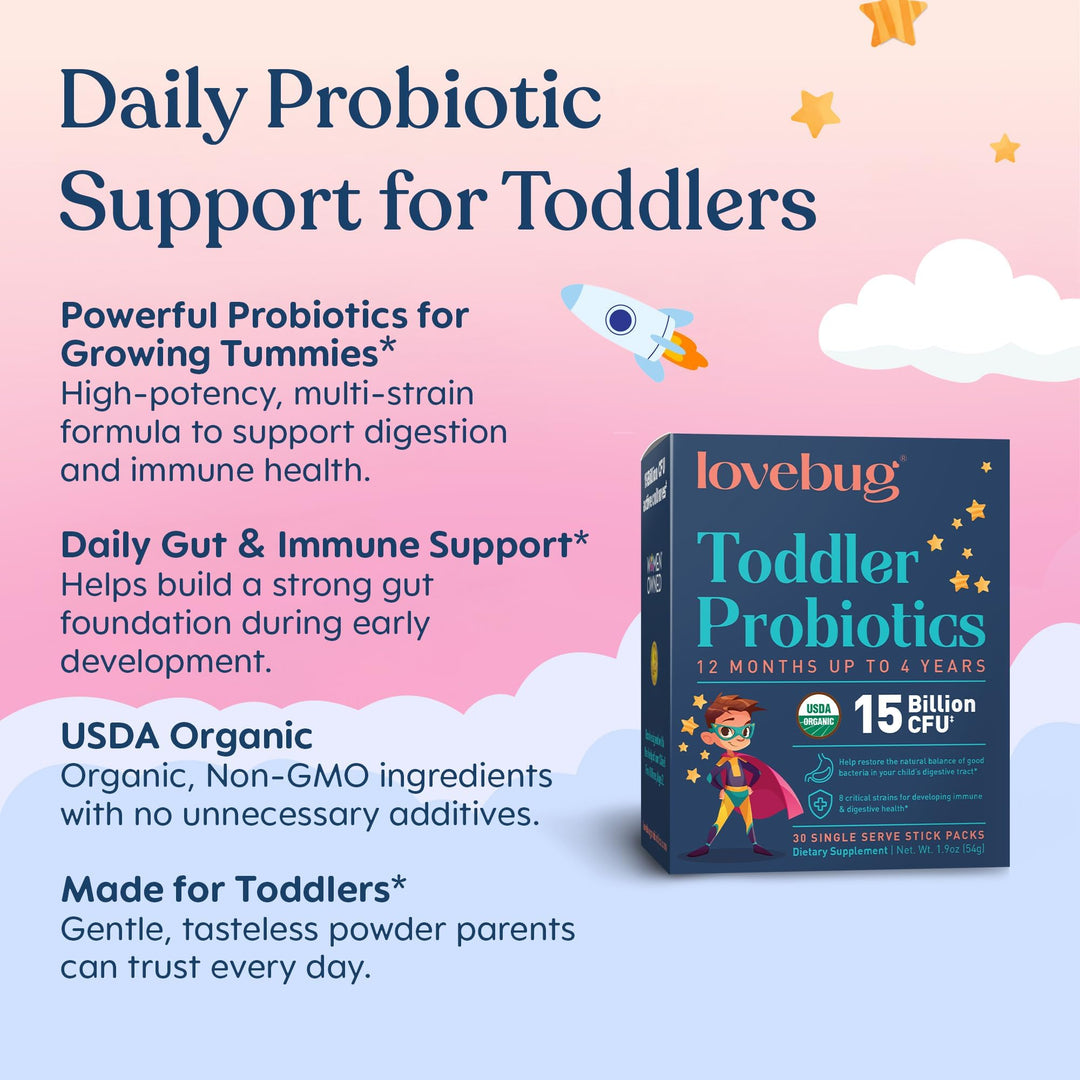LoveBug Probiotics Constipation Relief Powder, Ages 12 Months to 4 Years, 60 Count