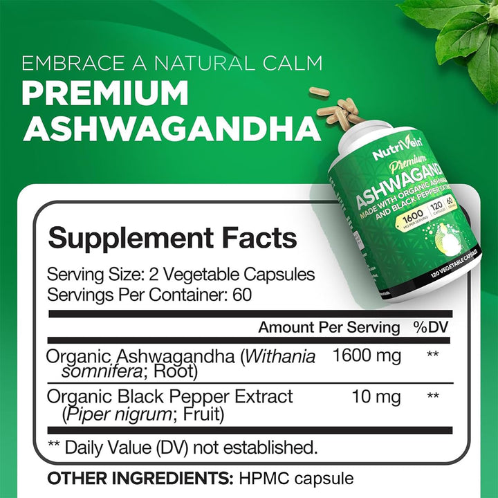 Nutrivein Organic Ashwagandha Capsules, 1200 mg, 120 Count