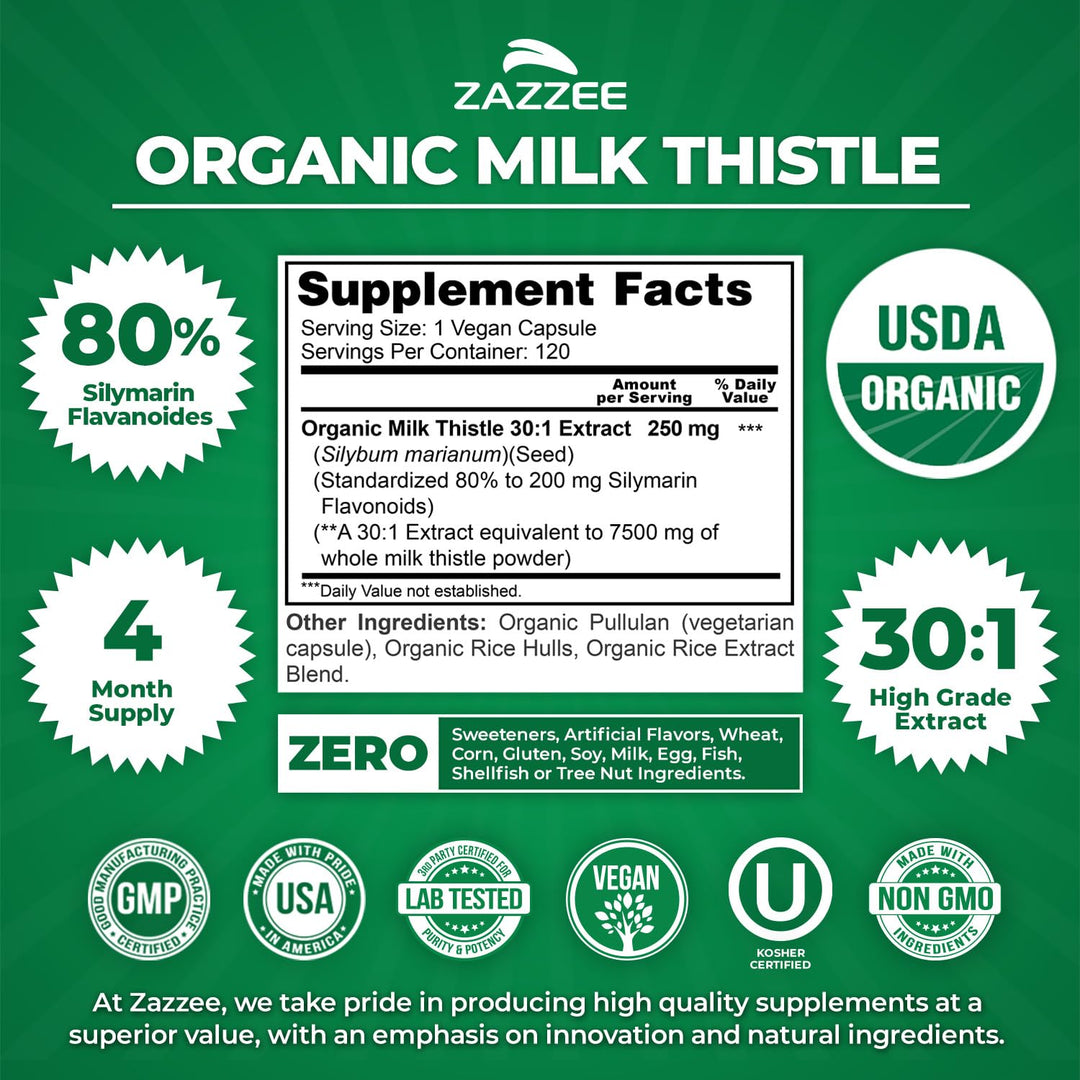 Zazzee Organic Milk Thistle Extract Capsules, 7500 mg, 120 Count