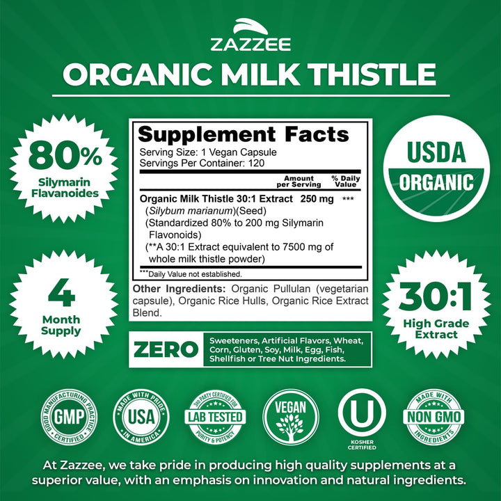 Zazzee Organic Milk Thistle Extract Capsules, 7500 mg, 120 Count