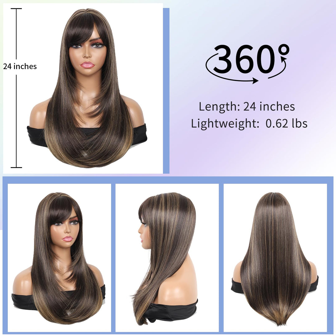 Kalyss Women's Wig Long Straight Layered with Bangs, Brown with Highlights