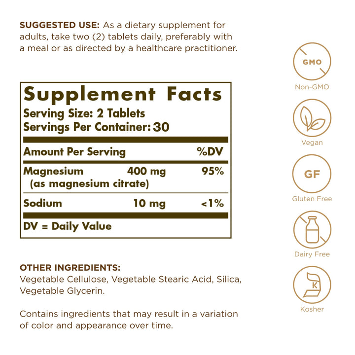 Solgar Magnesium Citrate Tablets, 60 Count