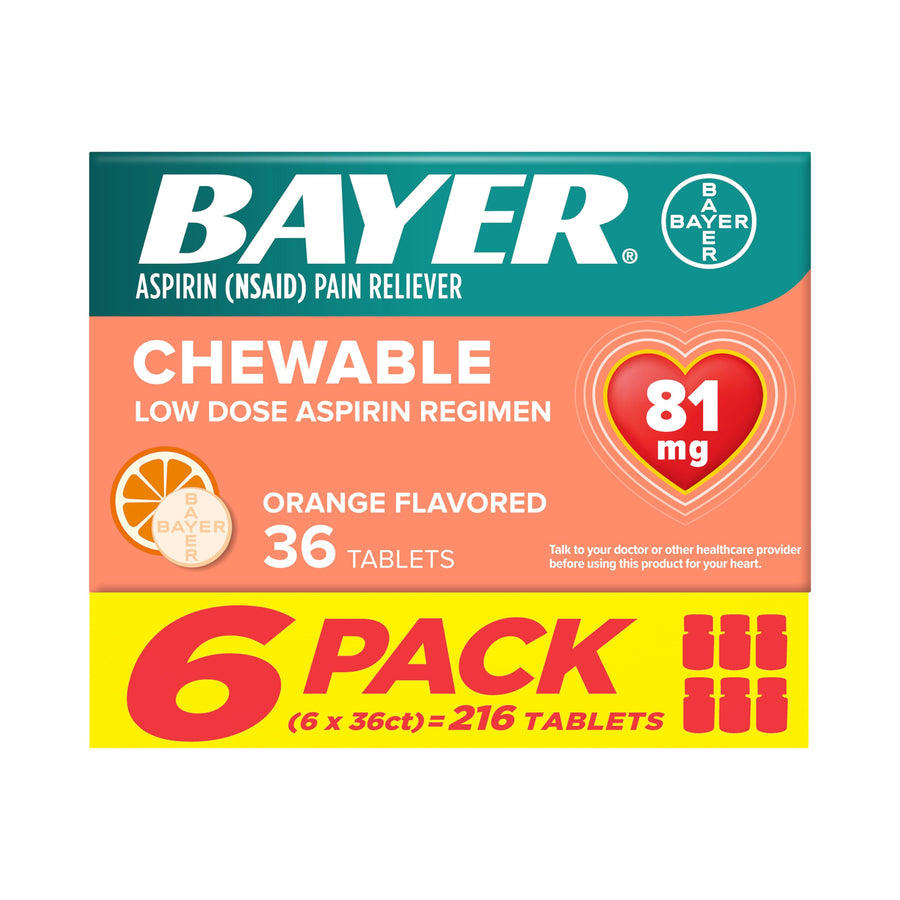 Bayer Aspirin Low Dose 81 mg Chewable Tablets, Orange Flavored, 216 Count, Pack of 6