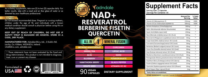 Adndale NAD Supplement And Resveratrol, 300 mg, 1000 mg, 90 Count