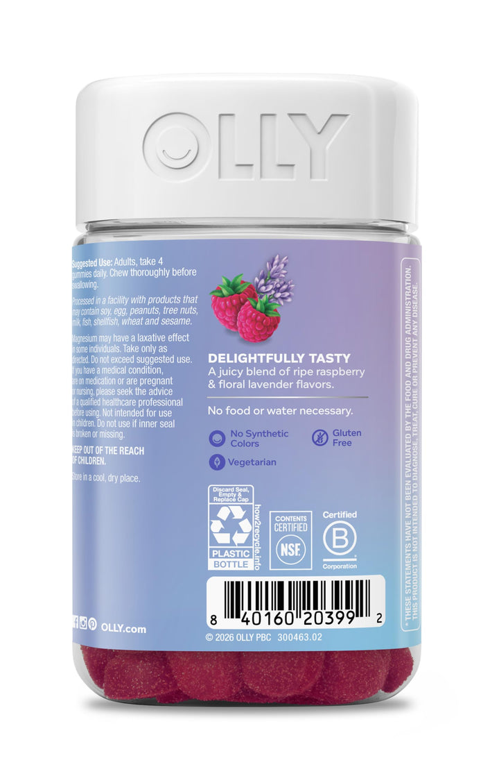OLLY Relaxing Magnesium Gummies, Magnesium Citrate, Raspberry Lavender, 120 Count