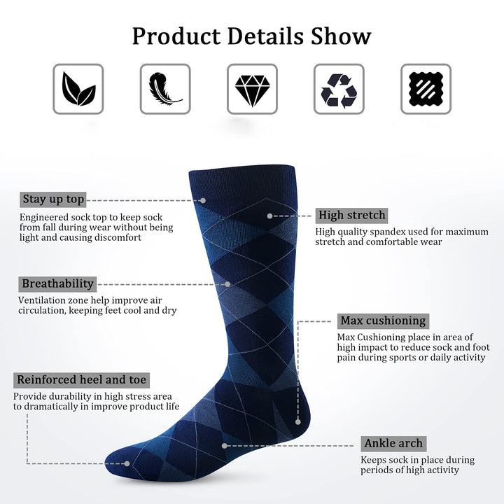 Yousu Dress Socks, Crew, Blue, 6 Count