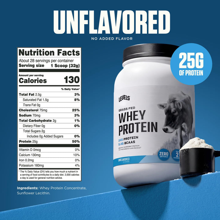 Levels Nutrition Grass Fed Whey Protein, Unflavored, 2 lb