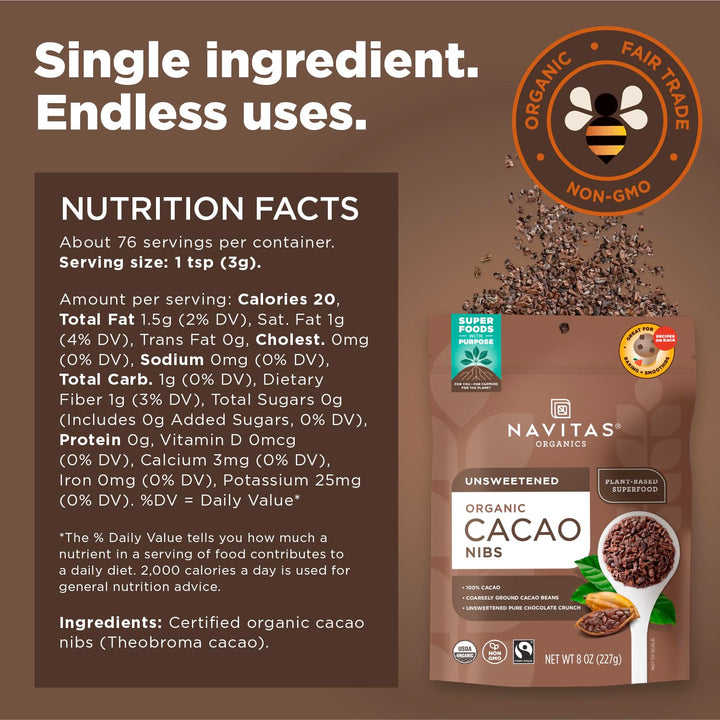 Navitas Organics Cacao Nibs, Unsweetened, 8 oz