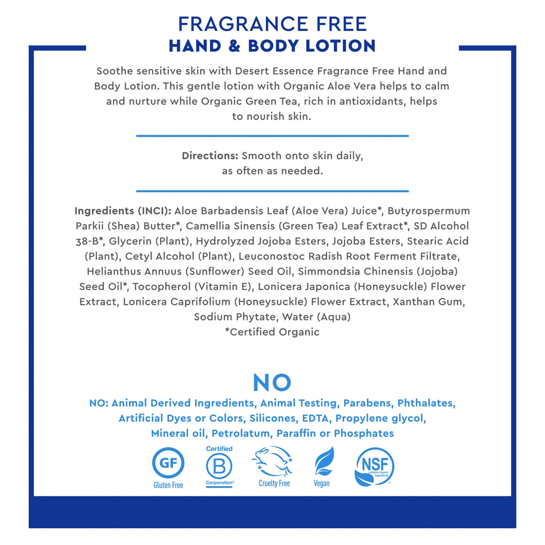 Desert Essence Hand And Body Lotion, Fragrance Free, 8 fl oz