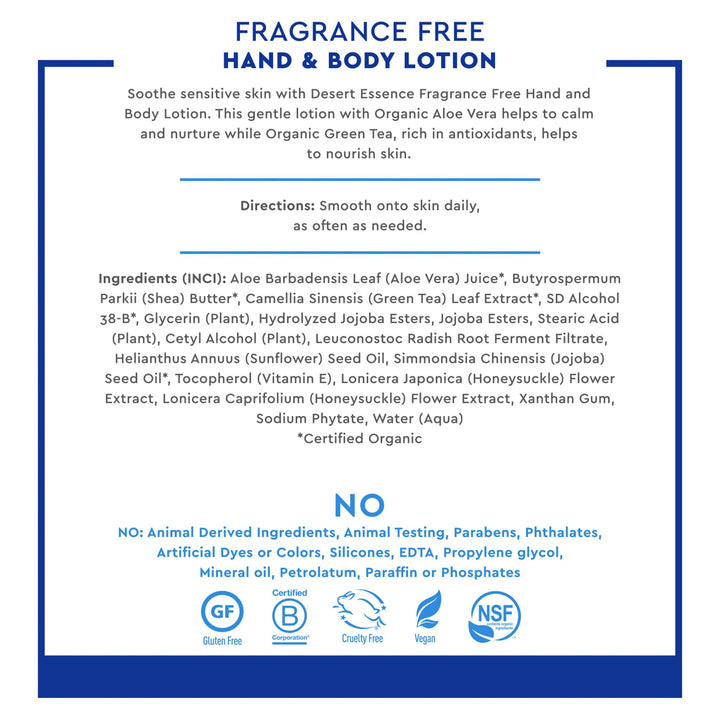 Desert Essence Hand And Body Lotion, Fragrance Free, 8 fl oz