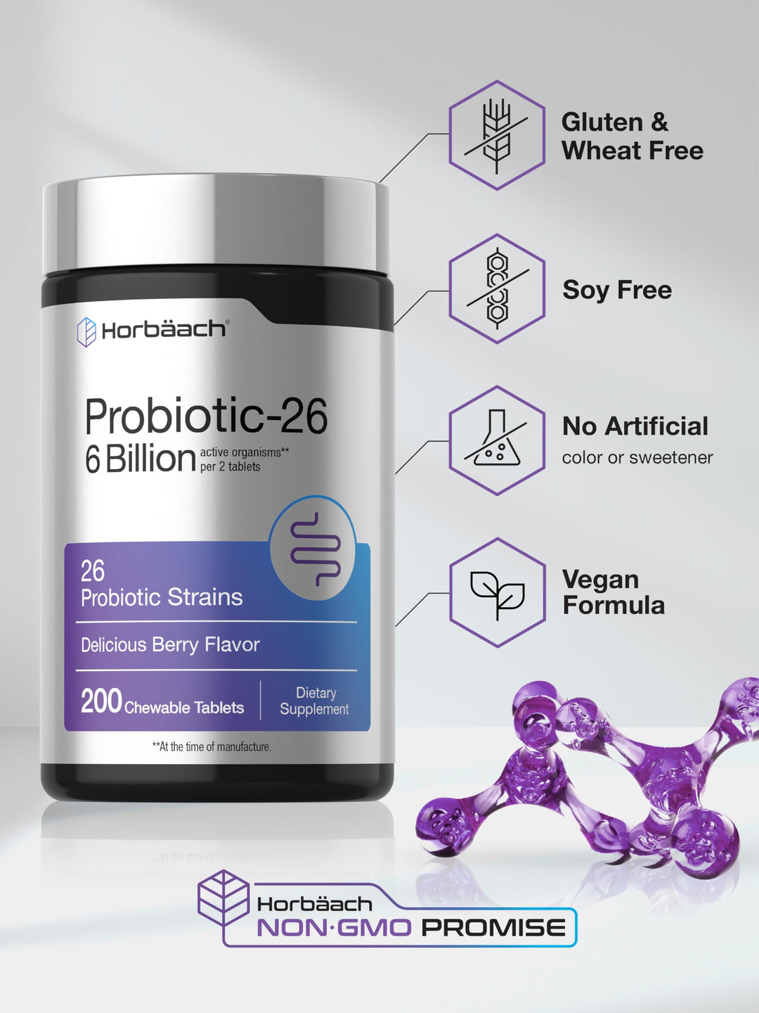 Horbäach Probiotics, Berry Flavor, 200 Count