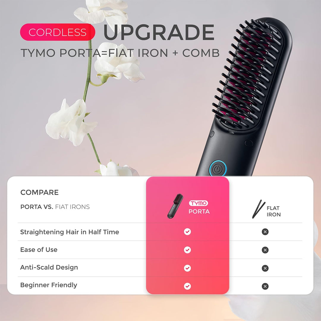 TYMO Porta Cordless Hair Straightener Brush, Black