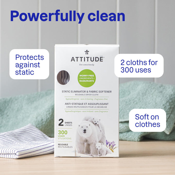 ATTITUDE Static Eliminator Cloths And Softeners, Fragrance Free, 300 Loads