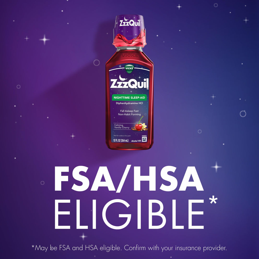 ZzzQuil Nighttime Sleep Aid Liquid, Calming Vanilla Cherry, 50 mg, 12 fl oz