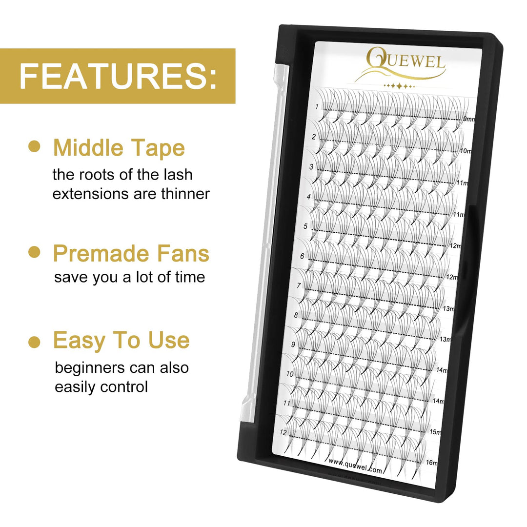 QUEWEL Premade Fans Middle Part 3D Russian Volume Eyelash Extensions, 5D-0.10D-Mix9-16
