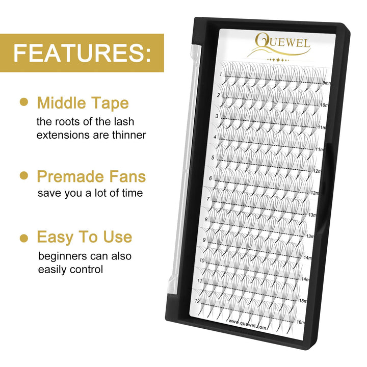 QUEWEL Premade Fans Middle Part 3D Russian Volume Eyelash Extensions, 5D-0.10D-Mix9-16