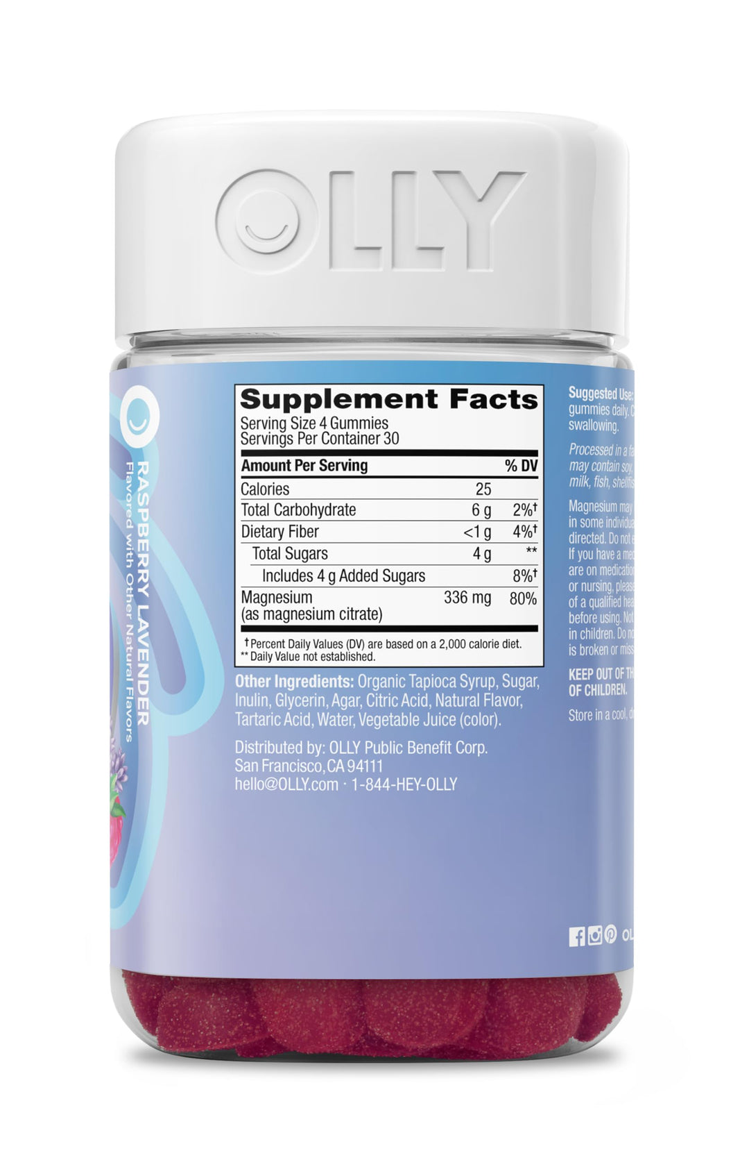 OLLY Relaxing Magnesium Gummies, Magnesium Citrate, Raspberry Lavender, 120 Count