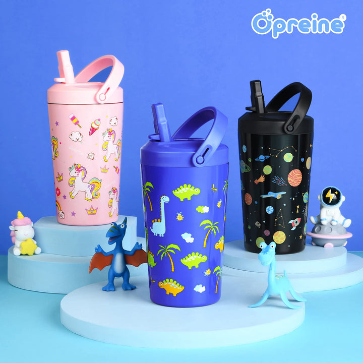 Opreine Kids Water Bottle With Straw Lid, Blue Dinosaur, 14 oz