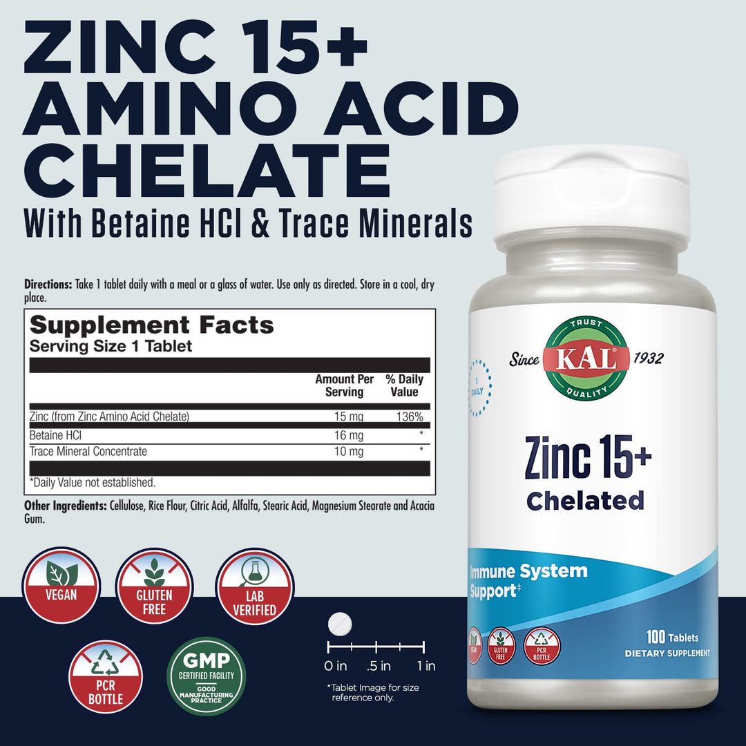 KAL Zinc 15 mg Plus Betaine HCl and Trace Minerals, 100 Count