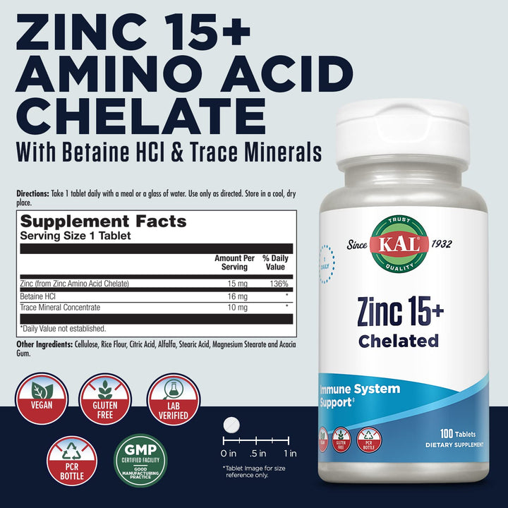 KAL Zinc 15 mg Plus Betaine HCl and Trace Minerals, 100 Count