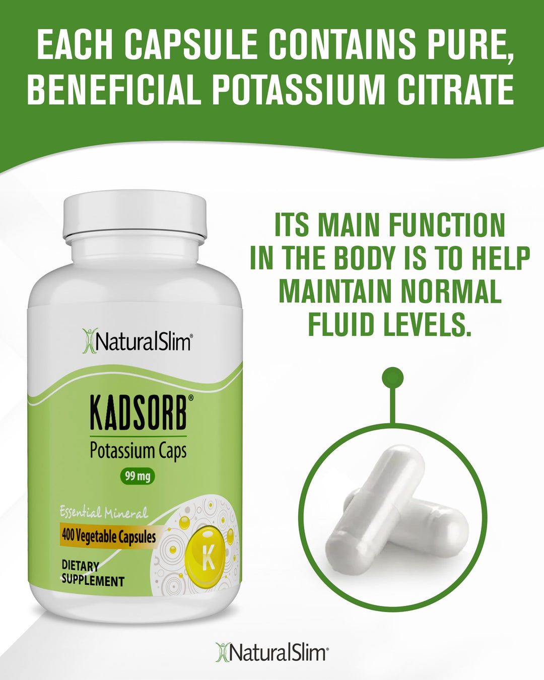 NaturalSlim Kadsorb Potassium Citrate Gluconate Supplement, 400 Count