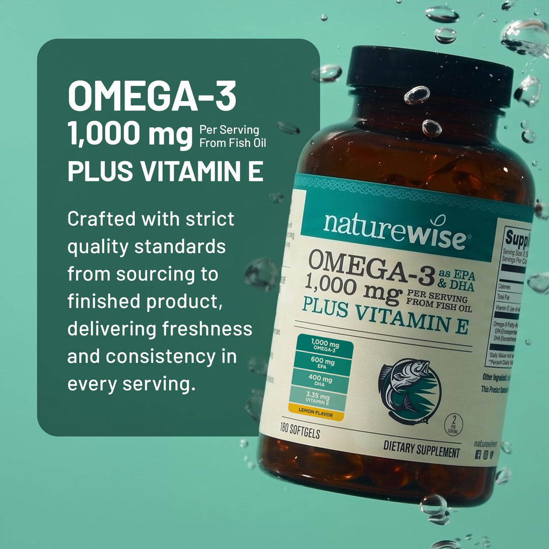 NatureWise Omega 3 Fish Oil Softgels, Lemon, 1000 mg, 180 Count