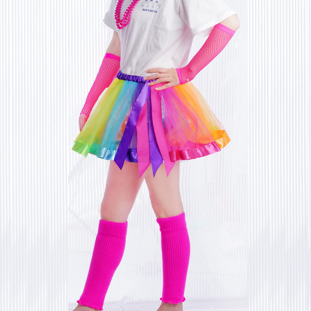 Miayon 6-in-1 Kids 80s Costume Accessories Set And Tutu, Rainbow, M