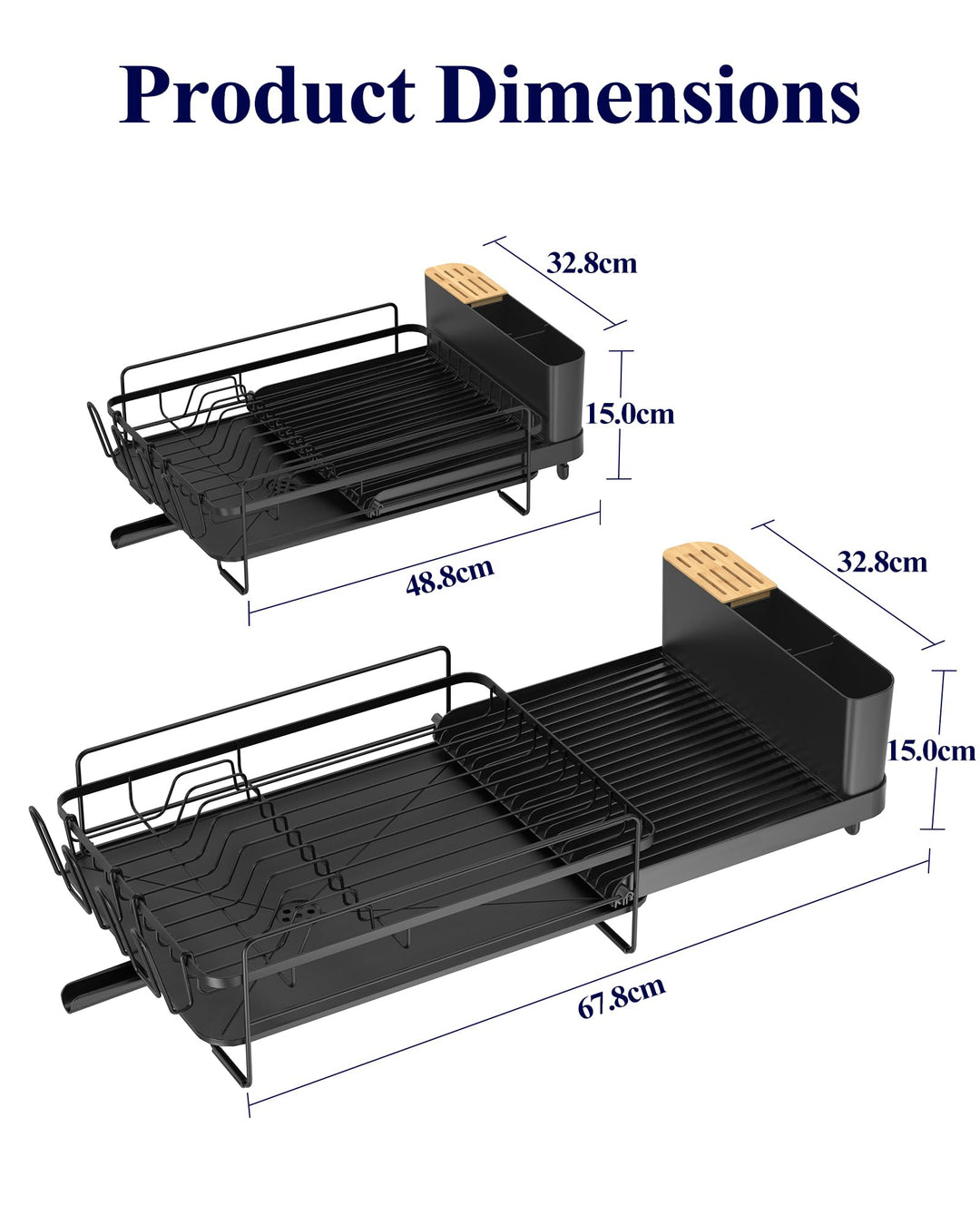 Kitsure Dish Drying Rack, Black, 48.8-67.8x32.8x15cm