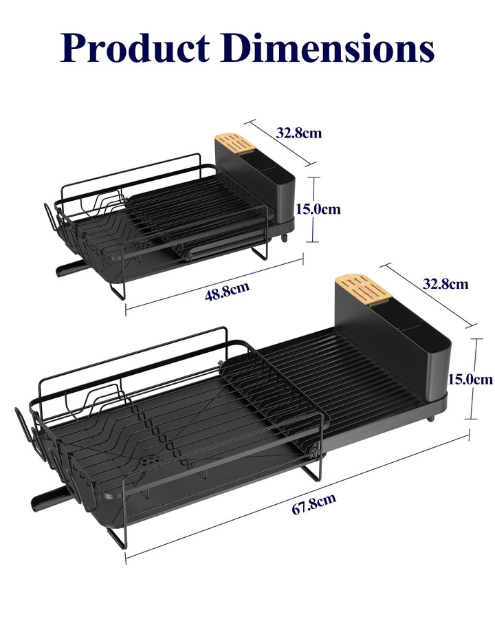 Kitsure Dish Drying Rack, Black, 48.8-67.8x32.8x15cm