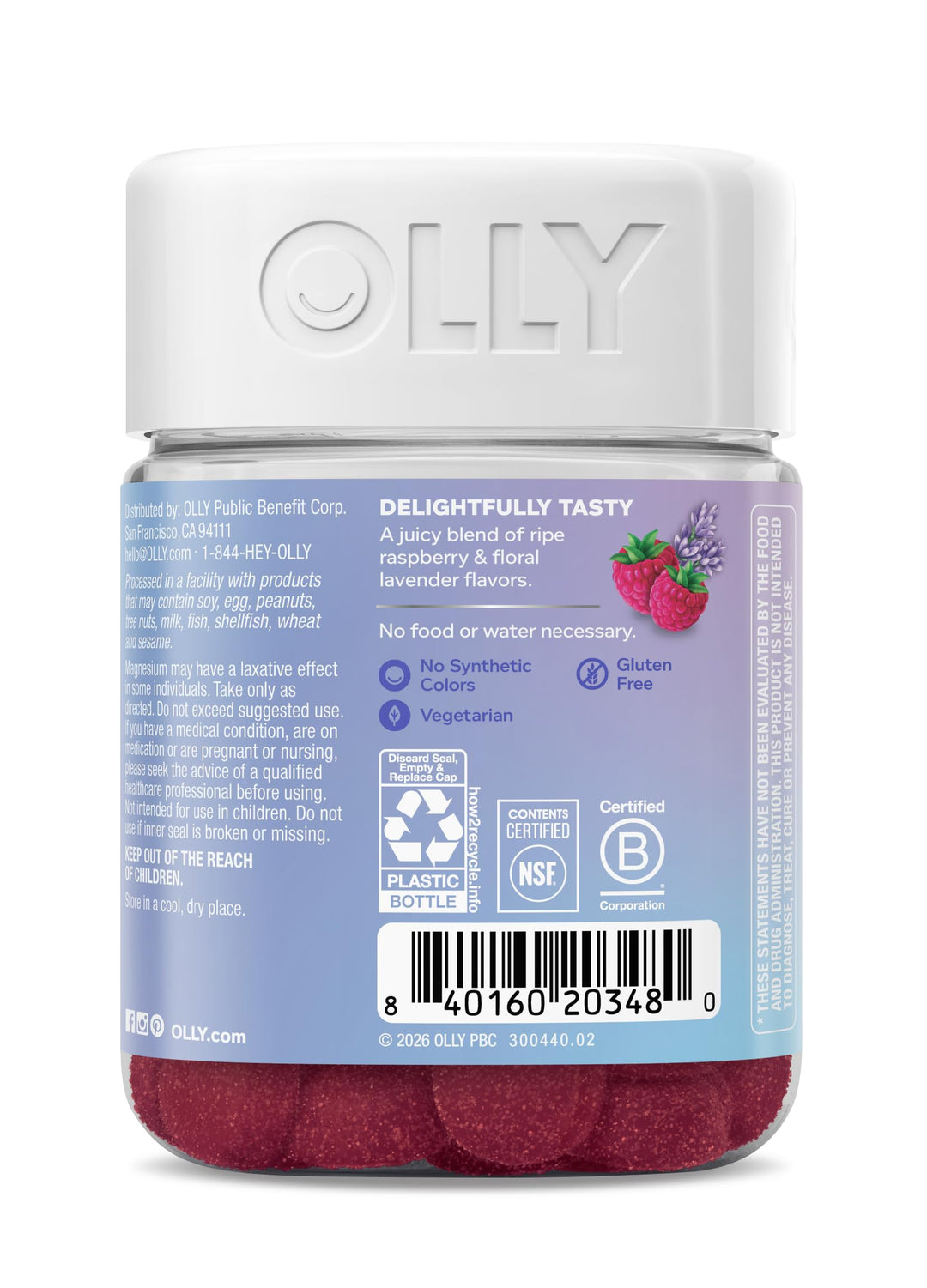 OLLY Magnesium Gummies, Raspberry Lavender, 60 Count