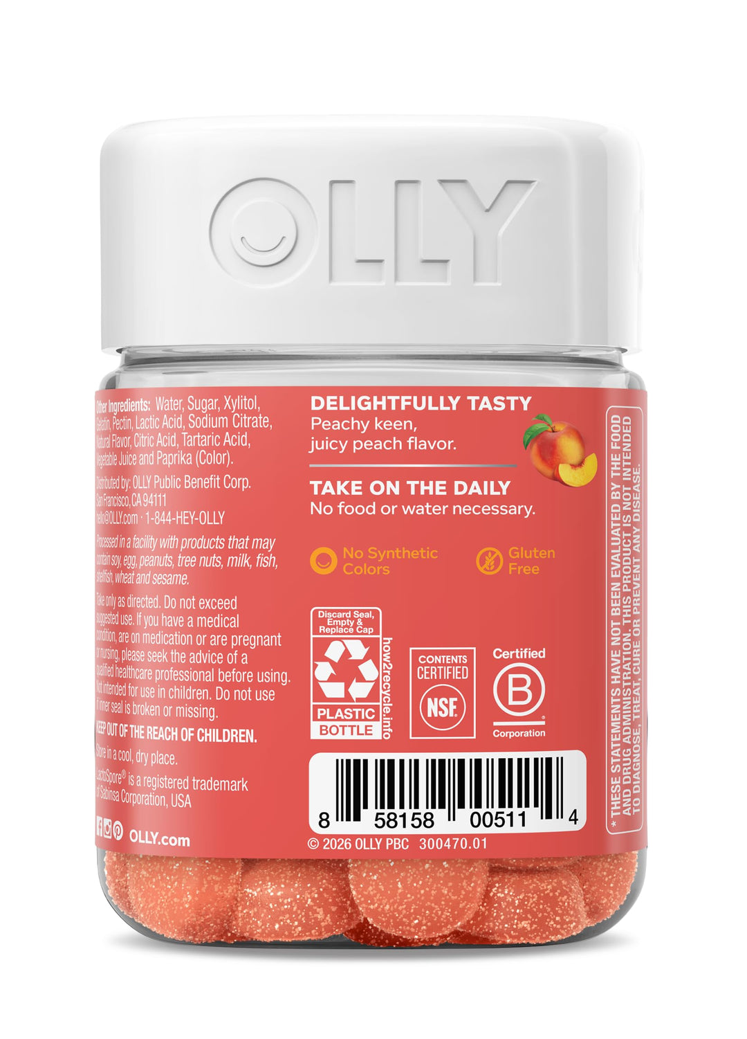 OLLY Probiotic + Prebiotic Gummy, Peachy Peach, 30 Count