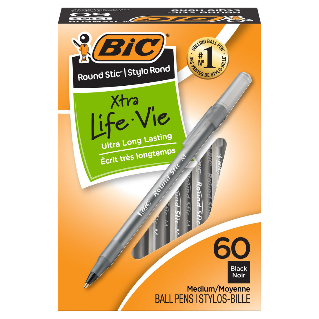 BIC Round Stic Ballpoint Pen, Frost, Black Ink, Medium Point, 60 Count