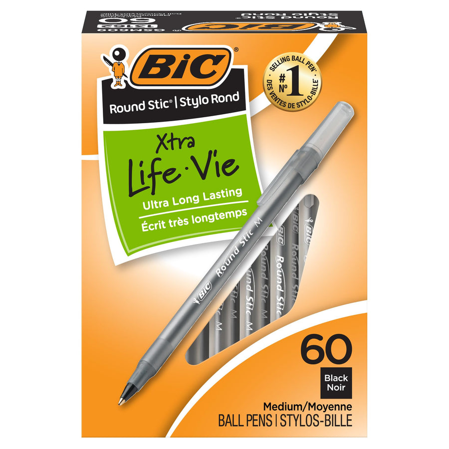BIC Round Stic Ballpoint Pen, Frost, Black Ink, Medium Point, 60 Count