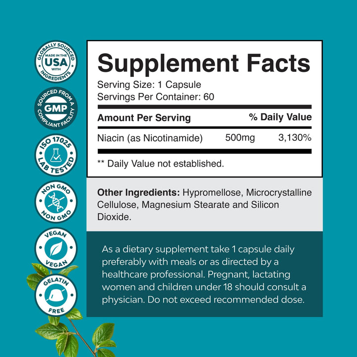 Natures Craft Vitamin B3 Nicotinamide Capsules, 500 mg, 60 Count