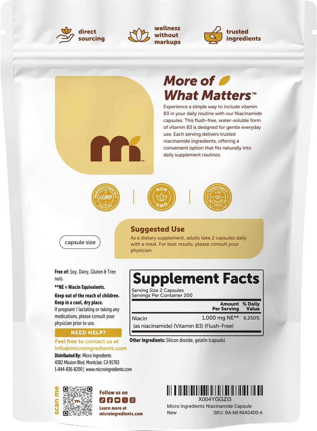 Micro Ingredients Niacinamide Vitamin B3, 500 mg, 400 Count