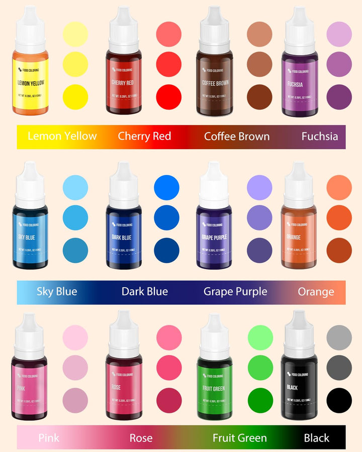 JIUPIN Food Coloring Set, 12 Colors, 10 ml