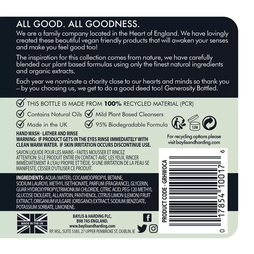 Baylis & Harding Liquid Hand Soap Wash, Oud Cedar & Amber, 500 ml