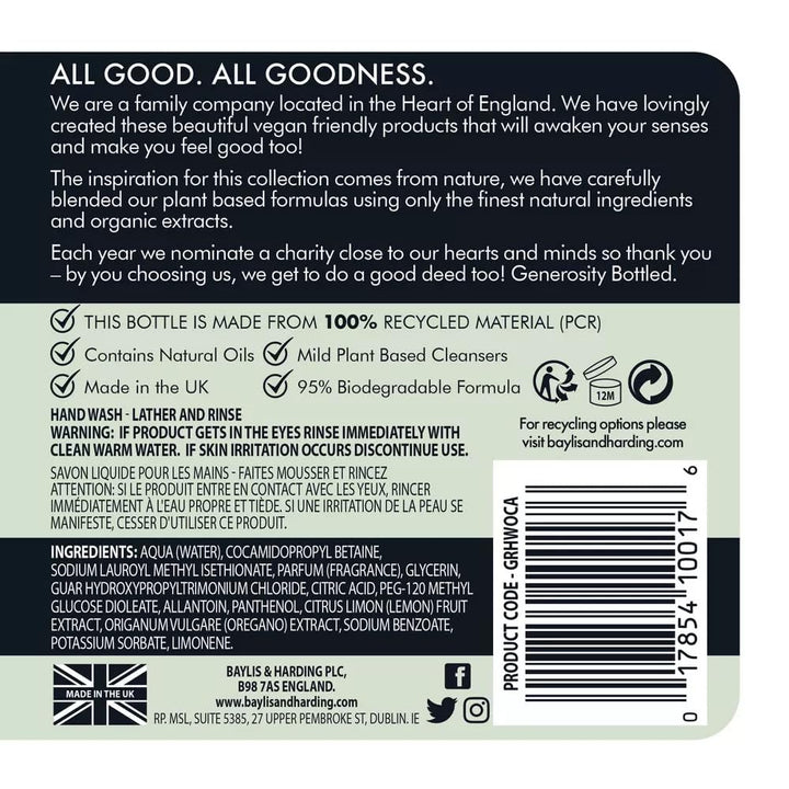 Baylis & Harding Liquid Hand Soap Wash, Oud Cedar & Amber, 500 ml
