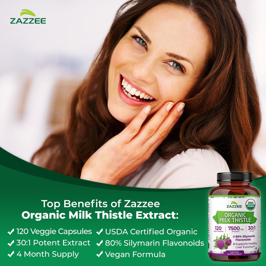 Zazzee Organic Milk Thistle Extract Capsules, 7500 mg, 120 Count