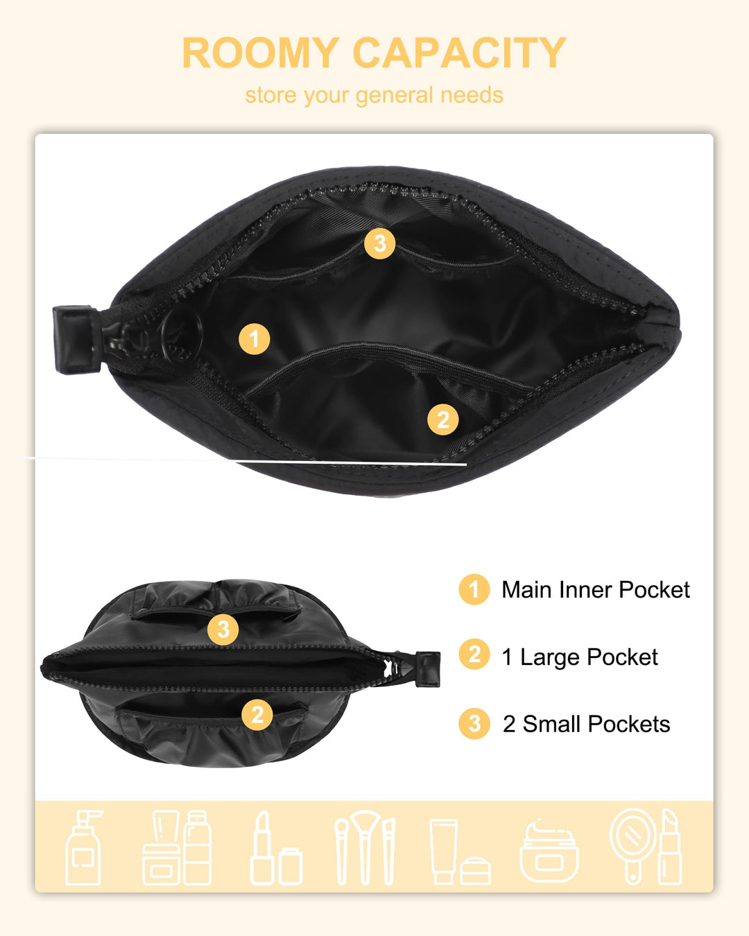 Relavel Travel Makeup Bag, Black, Small