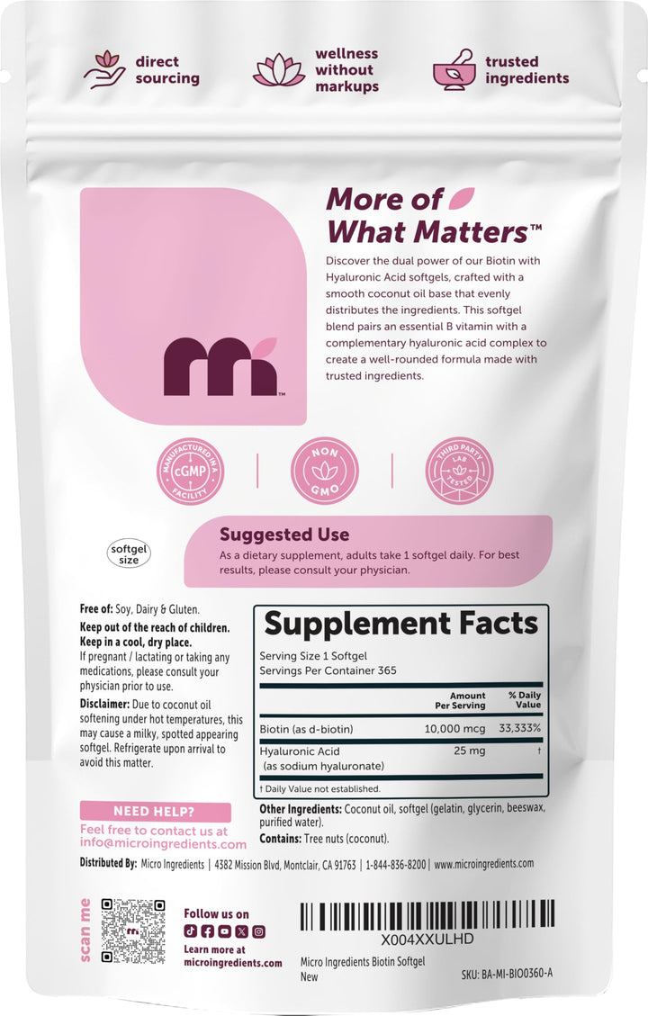 Micro Ingredients Biotin with Hyaluronic Acid Softgels, 10000 mcg, 360 Count