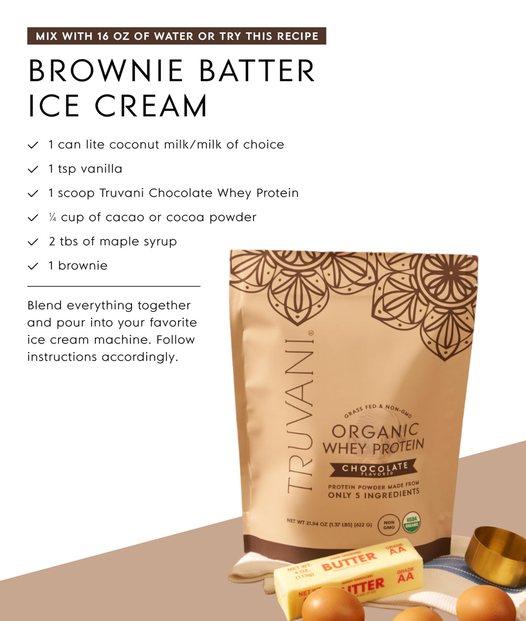 Truvani Organic Whey Protein Powder, Chocolate, 20 Servings